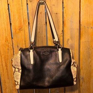 Coach Black Leather Shoulder Bag with Cream Straps and Snake-Print Sides